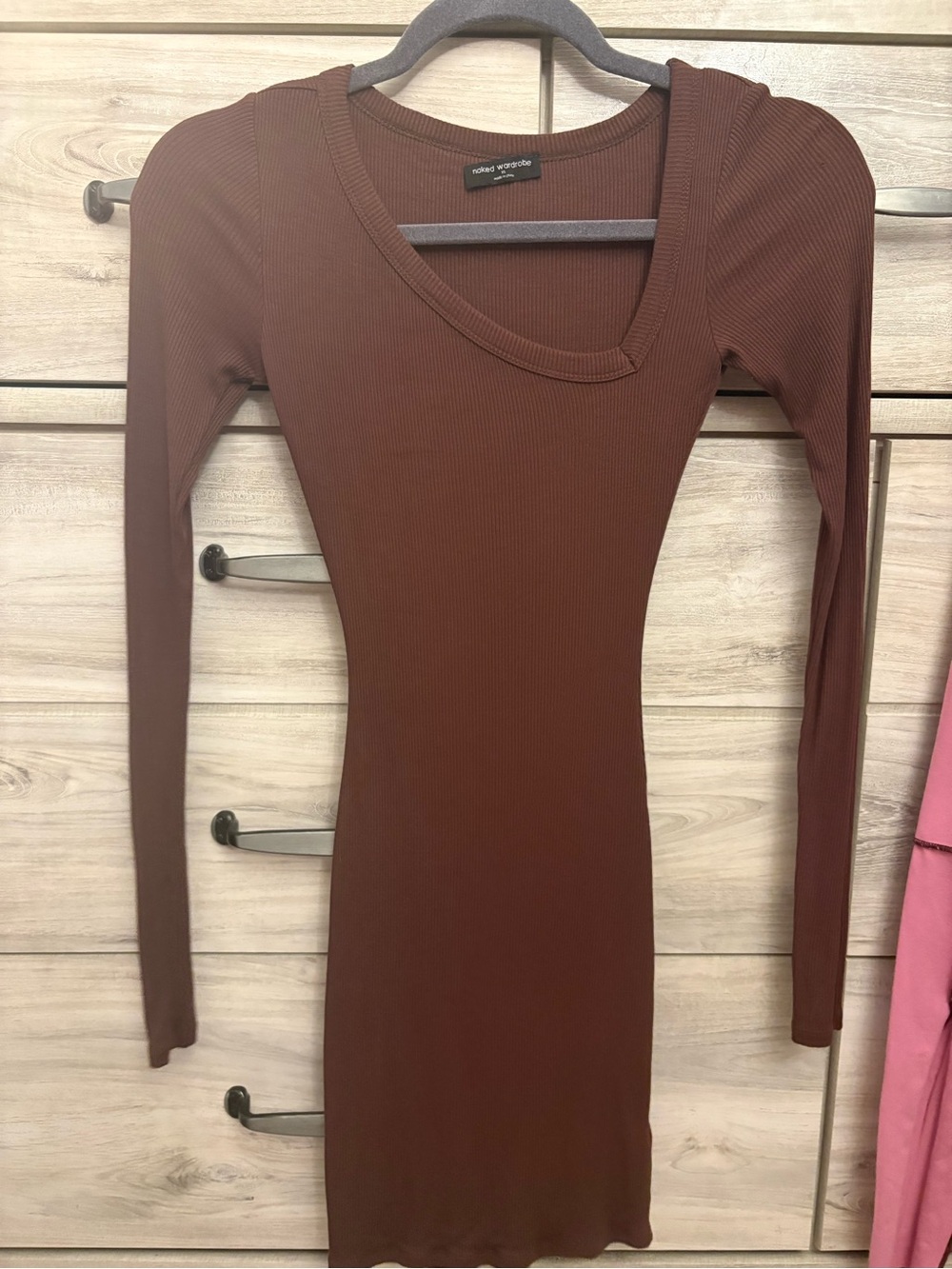 Naked Wardrobe Micro Rib Asymmetric Long Sleeve Body-Con Minidress in chocolate